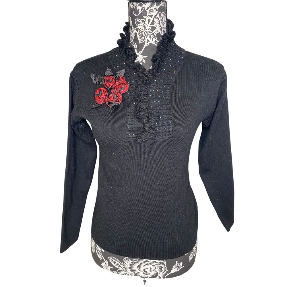 U&P Black Ruffle Rose Embellished Sweater Women’s Small Gothic Y2K Floral Goth